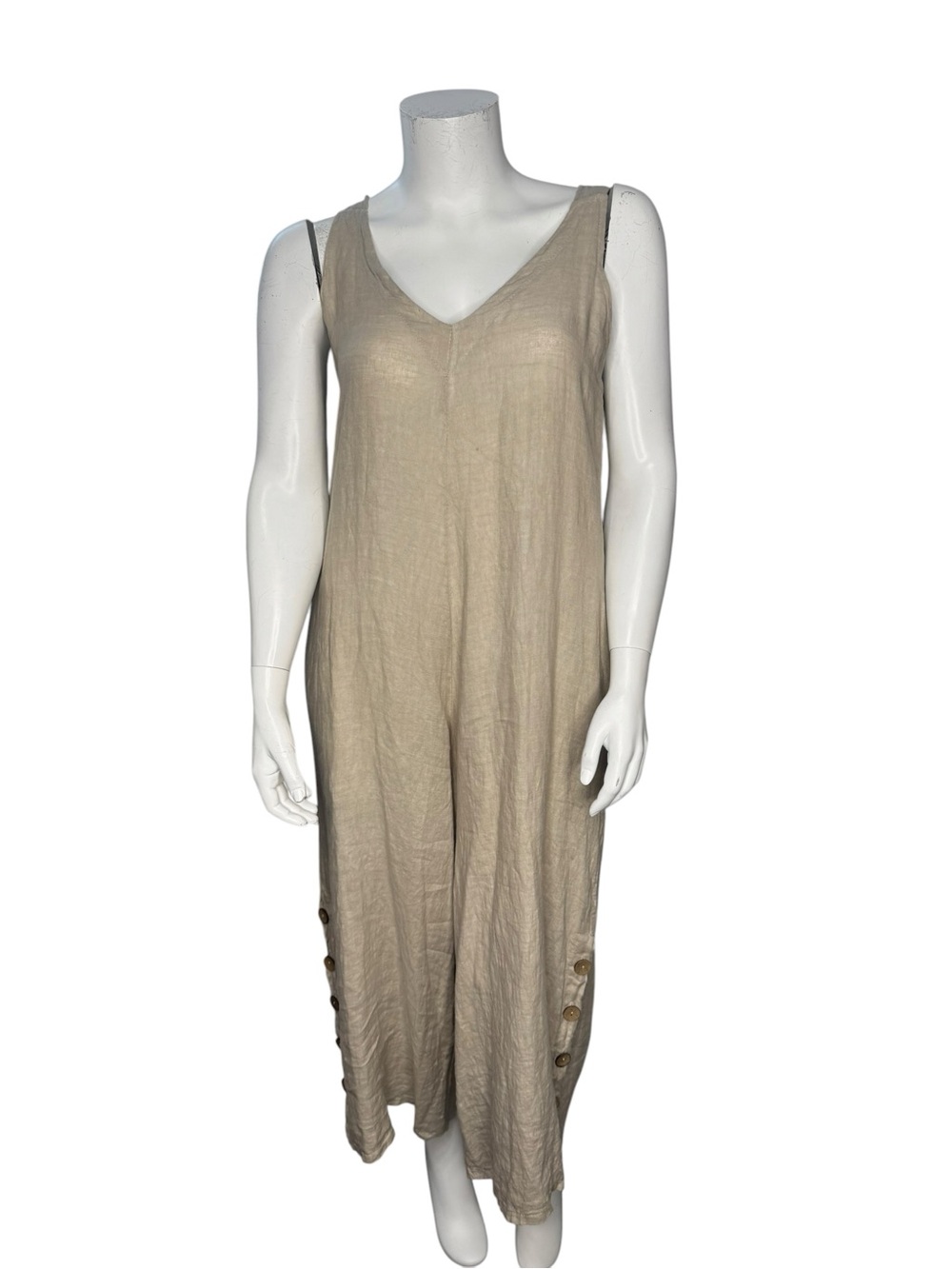 Made in Italy Women's Wide Leg Jumpsuit Beige Linen Lagenlook Coastal Beachy